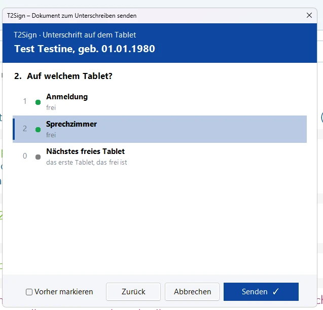 Auswahlfenster: Auf welchem Tablet? Anmeldung und Sprechzimmer sind frei, dazu die Option Nächstes freies Tablet.